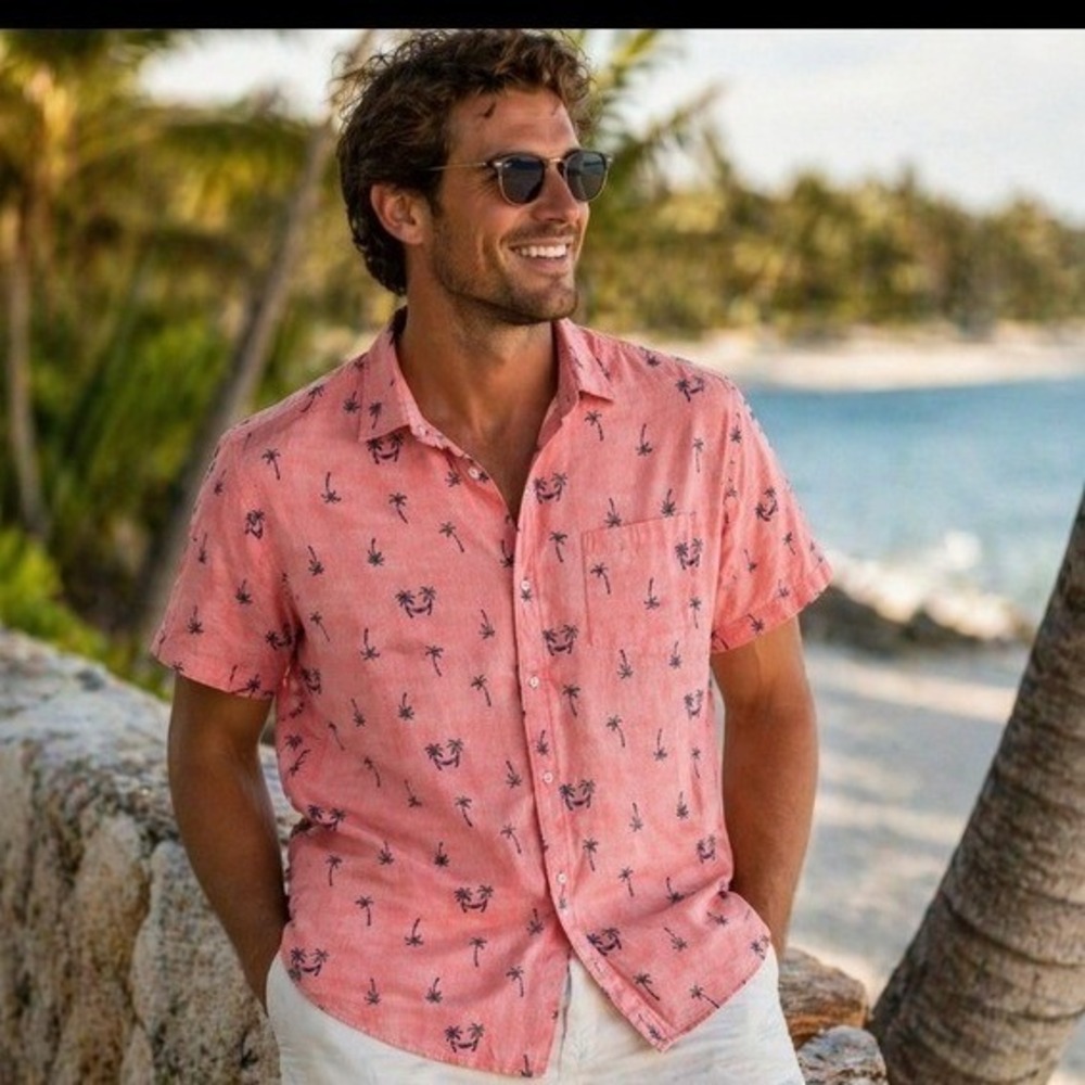 Tommy Bahama Mens XL Coral Pink Palm Tree Short Sleeve Button‎ Down Shirt Resort